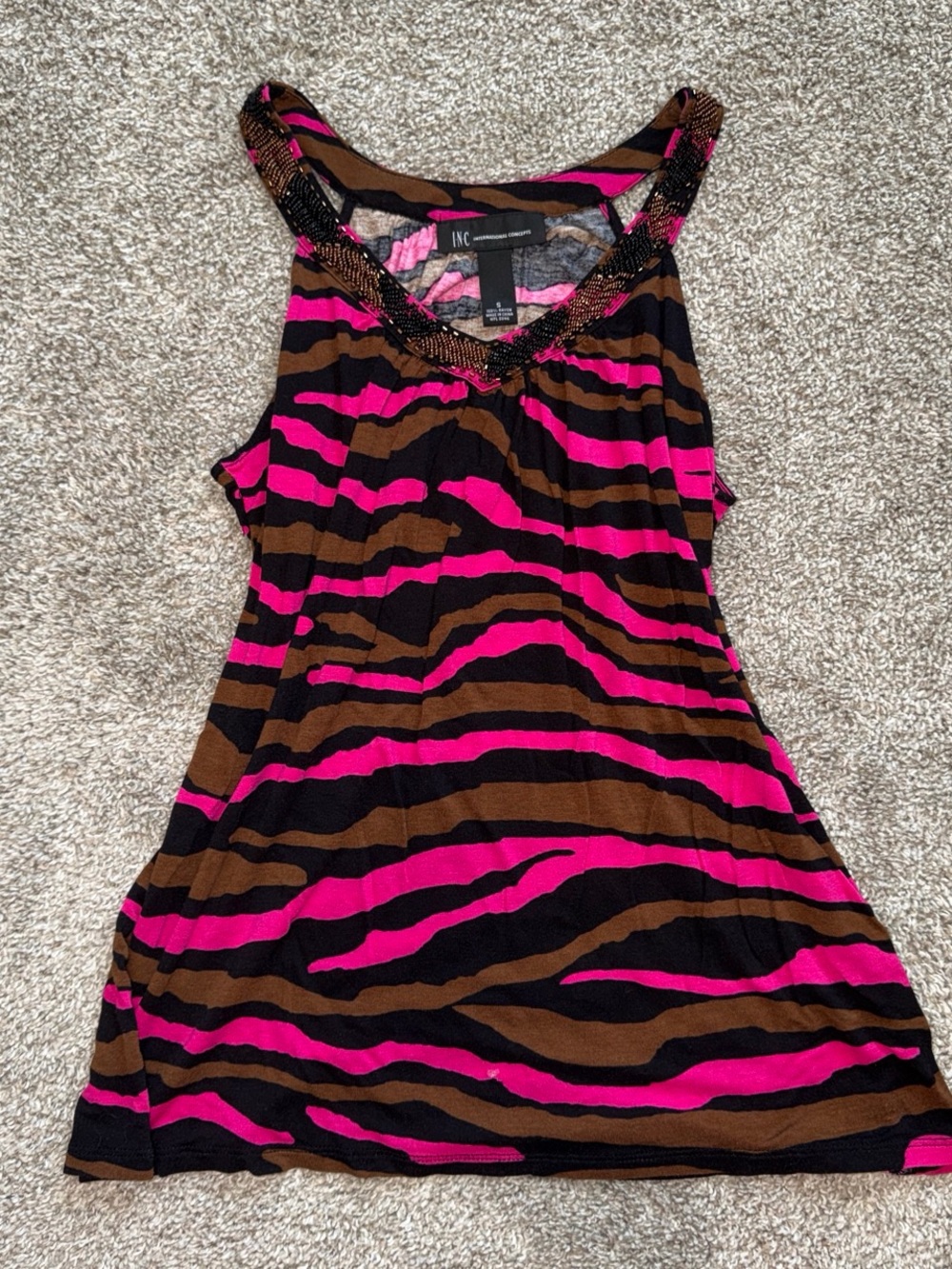 2000s INC Pink and brown zebra print tank top with beaded neckline